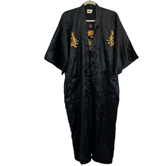 Dachunghwa Unisex Black Embroidered Dragon Satin Robe Kimono Vtg 90s Y2K NO BELT - Picture 2 of 14